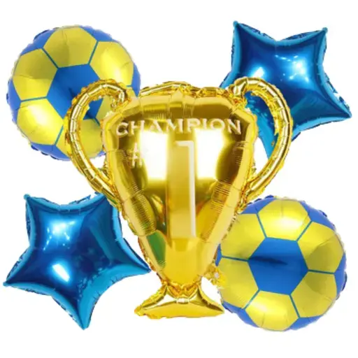 Set de globos de futbol azul y amarillo con helio